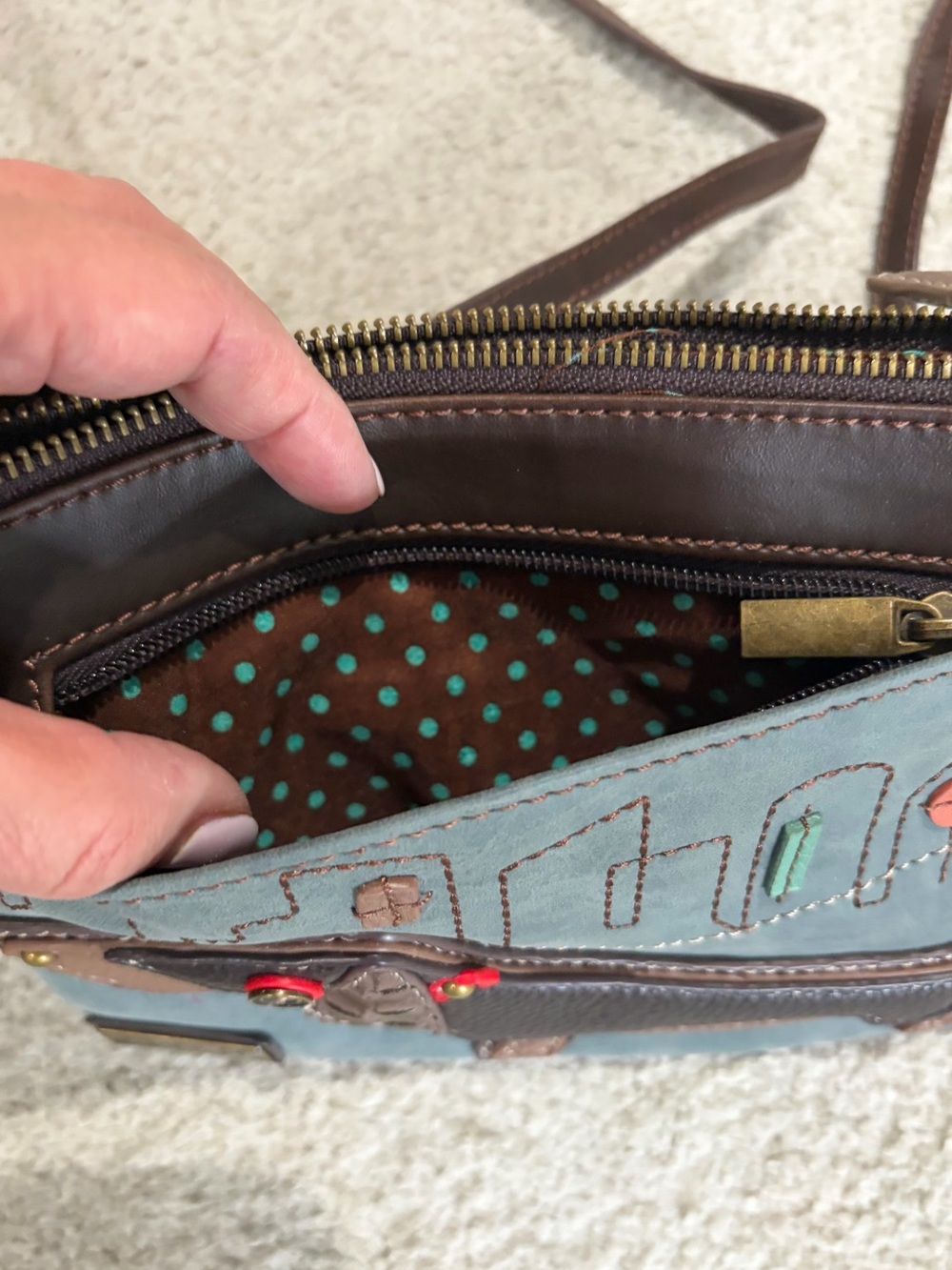 NWOT Chala Dachshund Wiener Dog Bag in Indigo & Brown, 2 Adjustable Straps - Picture 9 of 12